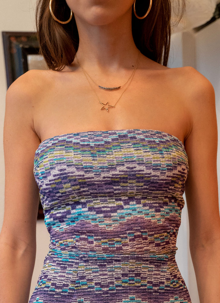 A dress for Cassie on Euphoria: strapless tube top upper with perfect mini skirt, sustainable and upcycled using vintage fabric. Knit missoni print.
