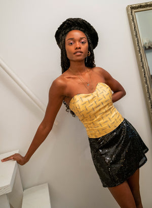 
                  
                    load image into gallery viewer, Black holiday-sequinned high-waisted A-line mini skirt. Sustainably upcycled using vintage fabric. Made locally in NY. An outfit idea for christmas or just going out!
                  
                