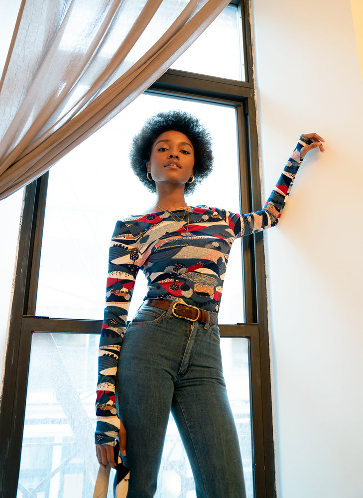 
                  
                    load image into gallery viewer, the ASPEN TOP - a second-skin long-sleeve top in vintage disco prints, with thumb holes and a boat neckline
                  
                