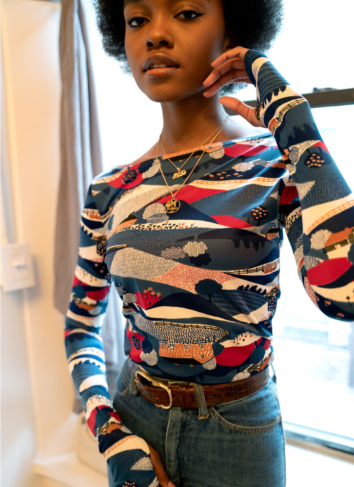 the ASPEN TOP - a second-skin long-sleeve top in vintage disco prints, with thumb holes and a boat neckline
