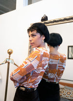 the ASPEN TOP - a semi-sheer second-skin long-sleeve top in vintage disco prints, with thumb holes and a boat neckline