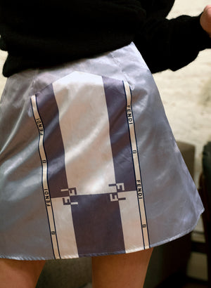 
                  
                    load image into gallery viewer, FENDI MINI SKIRT - sustainable, made in NYC, and one-of-a-kind. Similar to Reformation, Realisation Par, Mirror Palais mini skirt.
                  
                