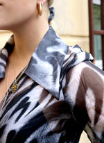 sheer monochrome marylebone - balloon sleeve wrap tie top - girl of the earth
