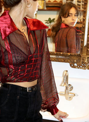 
                  
                    load image into gallery viewer, metallic red check marylebone - balloon sleeve wrap tie top - girl of the earth
                  
                
