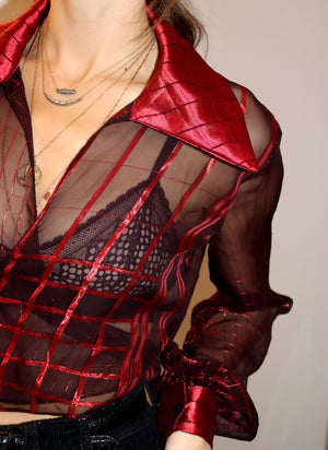 
                  
                    load image into gallery viewer, metallic red check marylebone - balloon sleeve wrap tie top - girl of the earth
                  
                