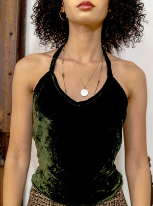 
                  
                    load image into gallery viewer, green velvet santiago top - backless halter - girl of the earth
                  
                
