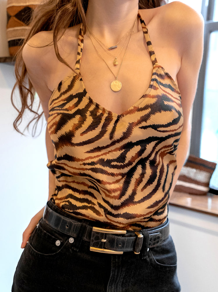 
                  
                    load image into gallery viewer, tiger animal print santiago top - backless halter - girl of the earth
                  
                