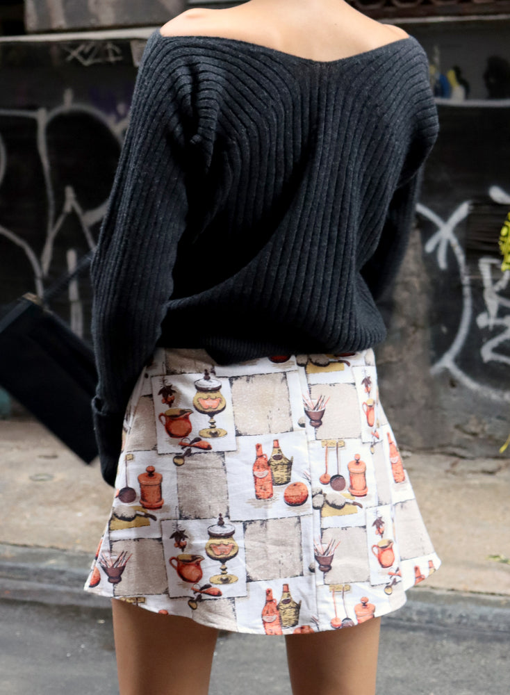 
                  
                    load image into gallery viewer, High-waisted A-line mini skirt sustainably made using upcycled vintage fabric. Kitchen print (very Lisa Says Gah!)
                  
                